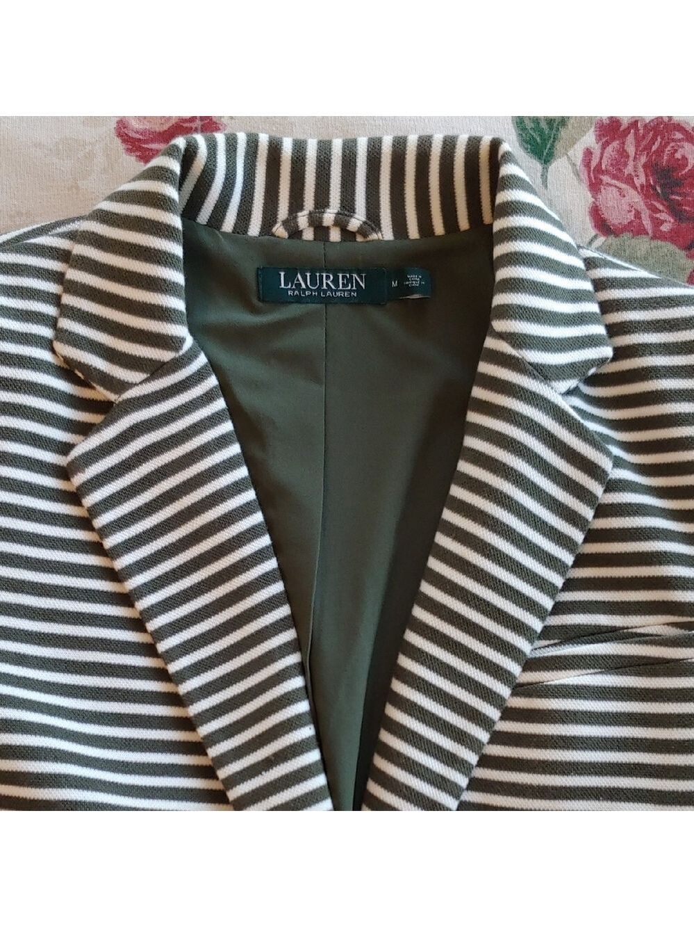 LAUREN Ralph Lauren Olive & Cream Striped Women's Blazer size Medium - Picture 3 of 17